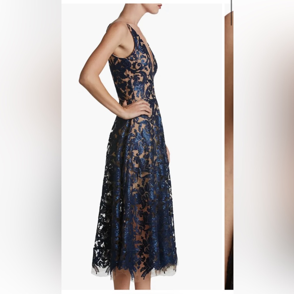 Dress the Population Navy Blue and Nude Lace Midi Dress - Picture 3 of 10